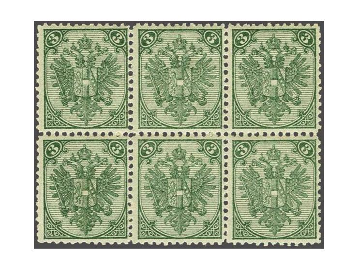 Coat of Arms 3 kreuzer blue green lithographic printing perforation 11½ in block of 6, very fine unmounted mint with 2017 Ulr