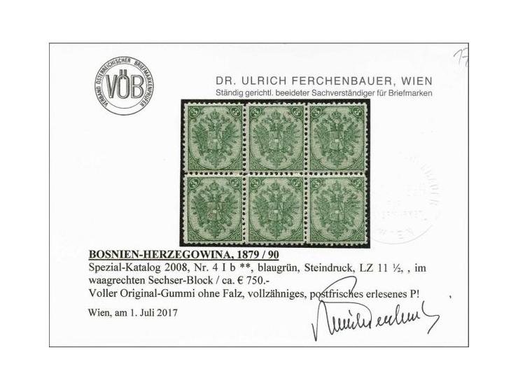 Coat of Arms 3 kreuzer blue green lithographic printing perforation 11½ in block of 6, very fine unmounted mint with 2017 Ulr