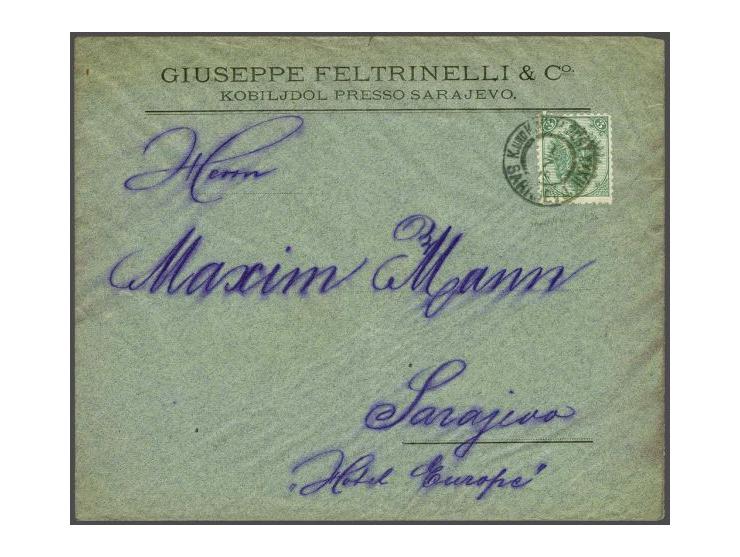 Coat of Arms 3 kreuzer green typographic printing perforated 10½ on cover locally in Sarajevo 1-7-1896, fine/very fine