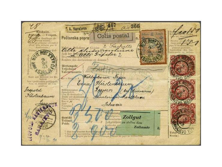 Coat of Arms 1 krone carmine red in strip of 3 on parcel card from Sarajevo 9-8-1903 to Leysin (Switzerland) with fiscal stam