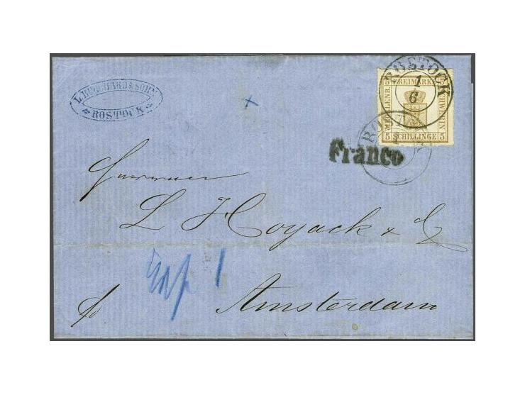 5 schillinge orange brown rouletted 11½ x 11¾ on cover from Rostock 1-6-1866 to Amsterdam, very fine, cat.v. 1500