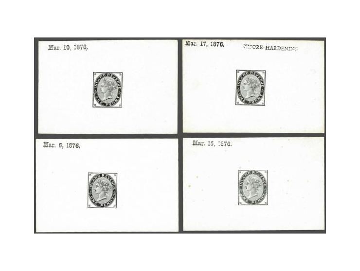 1d. Die Proofs (Die 2) in black on glazed card (4 ex.) dated 6 Mar 1876, 10 Mar 1876, 15 Mar 1876 (rather heavy hingemarks on