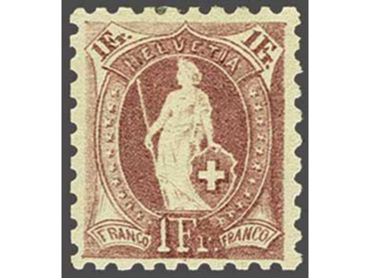 Standing Helvetia 1 franc lilac perforation 9¾ x 9¼ (Zst. no. 71B), very fine mounted mint, cat.v. 1100