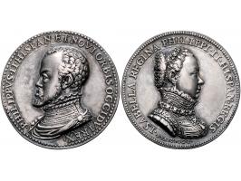 Historiepenningen (ca 1557) Philip II en diens gemalin Isabella door Poggini, zilver PR