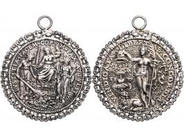 Historiepenningen 1577 Op het Eeuwig Edict door Jacques Jonghelinck, zilver gegoten met aangesoldeerde vuurstaalrand met oog,