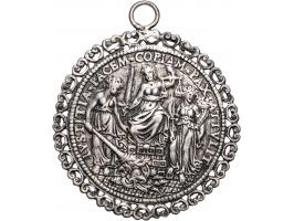 Historiepenningen 1577 Op het Eeuwig Edict door Jacques Jonghelinck, zilver gegoten met aangesoldeerde vuurstaalrand met oog,