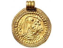 Historiepenningen Uniface medallion, gold - Obv: portrait in early medieaval style within border of leaves and points, with l