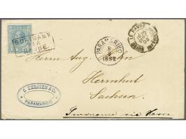 Willem III 25 cent groenblauw op envelop van Paramaribo 8-9-1892 over Le Havre en Parijs naar Herrnhut (D), pracht ex.