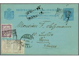 Cijfer 1890 1 cent grijs in paar en Cijfer 1902 ½ cent lila op briefkaart G. 13 van Paramaribo 3-5-1902 over Plymouth naar Be