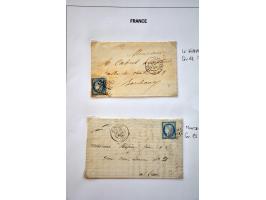 40 poststukken met 25 centimes Yv. nr. 60B (blauw driehoekje rechtsboven) w.b. plaatfouten en stempels op bladen