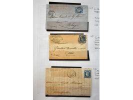 40 poststukken met 25 centimes Yv. nr. 60B (blauw driehoekje rechtsboven) w.b. plaatfouten en stempels op bladen