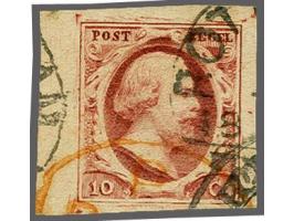 10 cent rood plaat IV pos. 31 met velrand en deel rood buitenlands stempel, pracht ex.