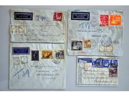 43 luchtpostenveloppen 1928-1939 van/naar Ned.-Indië en met port belast (onderfrankering, alleen luchtpostzegels, ongeldige z