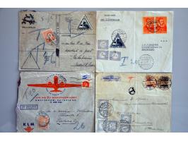 43 luchtpostenveloppen 1928-1939 van/naar Ned.-Indië en met port belast (onderfrankering, alleen luchtpostzegels, ongeldige z