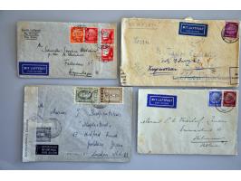 22 luchtpoststukken 1935-1940 diverse landen, veel censuur w.b. (gevlekte) briefkaart 3 cent (8 cent bijfrankering) Deventer 