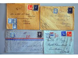 22 luchtpostenveloppen 1945-1948 naar Nederland, ongefrankeerd en met port belast w.b. 30 cent port (verschillende combinatie