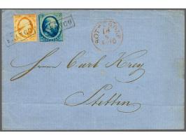 15 cent oranje en emissie 1864 5 cent blauw mengfrankering op briefomslag van Rotterdam 14-9-1864 over Emmerich naar Stettin 