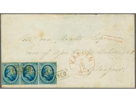 5 cent blauw Utrechtse druk in strip van 3 op envelop van Kampen 2-12-1865 naar Glasgow met tevens Na Posttijd in kastje, vri