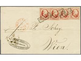 10 cent rood (4x w.b. paartje) op briefomslag van Amsterdam 6-12-1864 over Emmerich naar Wenen, pracht ex. (omslag 2 vouwtjes