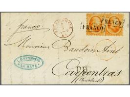 15 cent oranje in paar op vouwbrief van Den Haag 5-7-1865 (proefstempel voorzijde) over Parijs en Lyon naar Carpentras (F), f