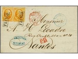 15 cent oranje (2x) op vouwbrief van Rotterdam 29-1-1868 over Valenciennes en Parijs naar Nantes (F), zeer fris pracht ex.