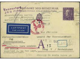 Böhmen und Mähren Theresienstadt, luchtpost dubbel briefkaart 10 øre uit Zweden (zonder antwoorddeel, bijfrankering verwijder