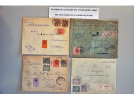 post(waarde)stukken, collectie van ca. 500 ex. w.b. betere Bontkraag frankeringen, Legioenzegels, Port belast etc. in 2 bande