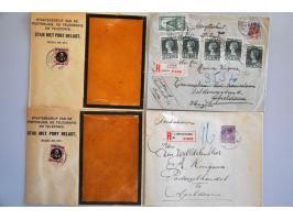 post(waarde)stukken, collectie van ca. 500 ex. w.b. betere Bontkraag frankeringen, Legioenzegels, Port belast etc. in 2 bande