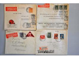 post(waarde)stukken, collectie van ca. 500 ex. w.b. betere Bontkraag frankeringen, Legioenzegels, Port belast etc. in 2 bande