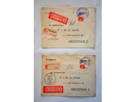 post(waarde)stukken, collectie van ca. 500 ex. w.b. betere Bontkraag frankeringen, Legioenzegels, Port belast etc. in 2 bande