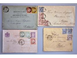 80 poststukken emissies Cijfer 1876-1894 en Wilhelmina Hangend Haar 1891 w.b. aangetekend, waarde, mengfrankering met postwaa