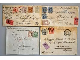 80 poststukken emissies Cijfer 1876-1894 en Wilhelmina Hangend Haar 1891 w.b. aangetekend, waarde, mengfrankering met postwaa