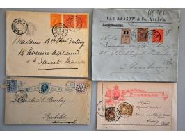 80 poststukken emissies Cijfer 1876-1894 en Wilhelmina Hangend Haar 1891 w.b. aangetekend, waarde, mengfrankering met postwaa