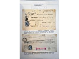 18 kwitanties met 5 cent Wilhelmina emissie 1891 (1 ex. met bijfrankering Cijfer 2½ cent) w.b. 1 uit België en geïllustreerd