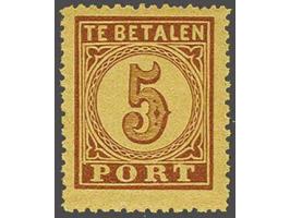 5 cent bruin op oranje tanding 13¼ kleine gaten type B met certificaat Vleeming 2014: Tanding boven rechts onregelmatig overi