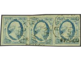5 cent lichtblauw plaat III pos. 27-29 in strip van 3, pracht ex.