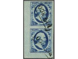 5 cent blauw plaat III pos. 41/46 in verticaal paar met hoekvelrand, pracht ex.