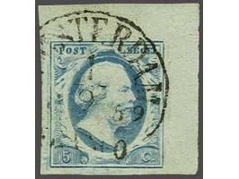 5 cent lichtblauw plaat III met pos. 55 met hoekvelrand, pracht ex.