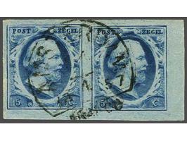 5 cent blauw plaat III pos. 74-75 in paar met velrand, luxe ex.