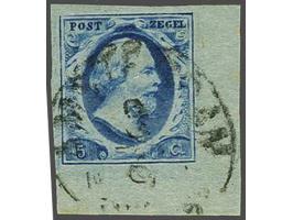 5 cent blauw plaat III pos. 75 met hoekvelrand, pracht ex.