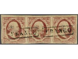 10 cent rood plaat X pos. 16-18 op dun papier in strip van 3, pracht ex.