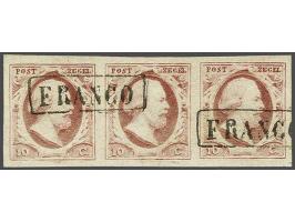 10 cent karmijnroze plaat X pos. 91-93 in strip van 3, pracht ex.