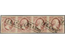 10 cent rood plaat X pos. 96-99 op dik papier in strip van 4, pracht ex.