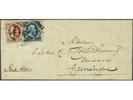 5 cent donkerblauw plaat I pos. 10 en 10 cent karmijn plaat I pos. 94 op vouwbrief van Den Haag 15-6-1852 naar Groningen, pra