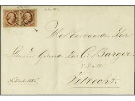 10 cent donkerrood plaat IV pos. 29-30 in paar met hoekvelrand op briefomslag van Amsterdam 26-12-1856 naar Utrecht, fris pra