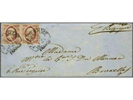 10 cent rood plaat IV pos. 76-77 in paar op envelop van Den Haag 30-12-1856 naar Brussel, pracht ex.