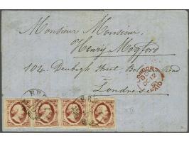 10 cent rood plaat IV (4x) op vouwbrief van Breda 10-10-1858 naar Londen, pracht ex. (2 verticale archiefvouwtjes)