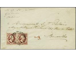 10 cent rood plaat V in paar op envelop van Den Bosch 24-7-1858 naar Brussel, pracht ex.