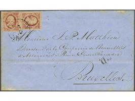 10 cent rood plaat V (2x) op vouwbrief van Amsterdam 18-10-1860 naar Brussel, pracht ex.