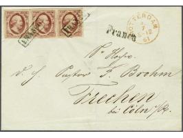 10 cent bruinrood plaat VI pos. 28-30 in strip van 3 op briefomslag van Rotterdam 5-7-1861 naar Frechen (Pruissen), zeer fris